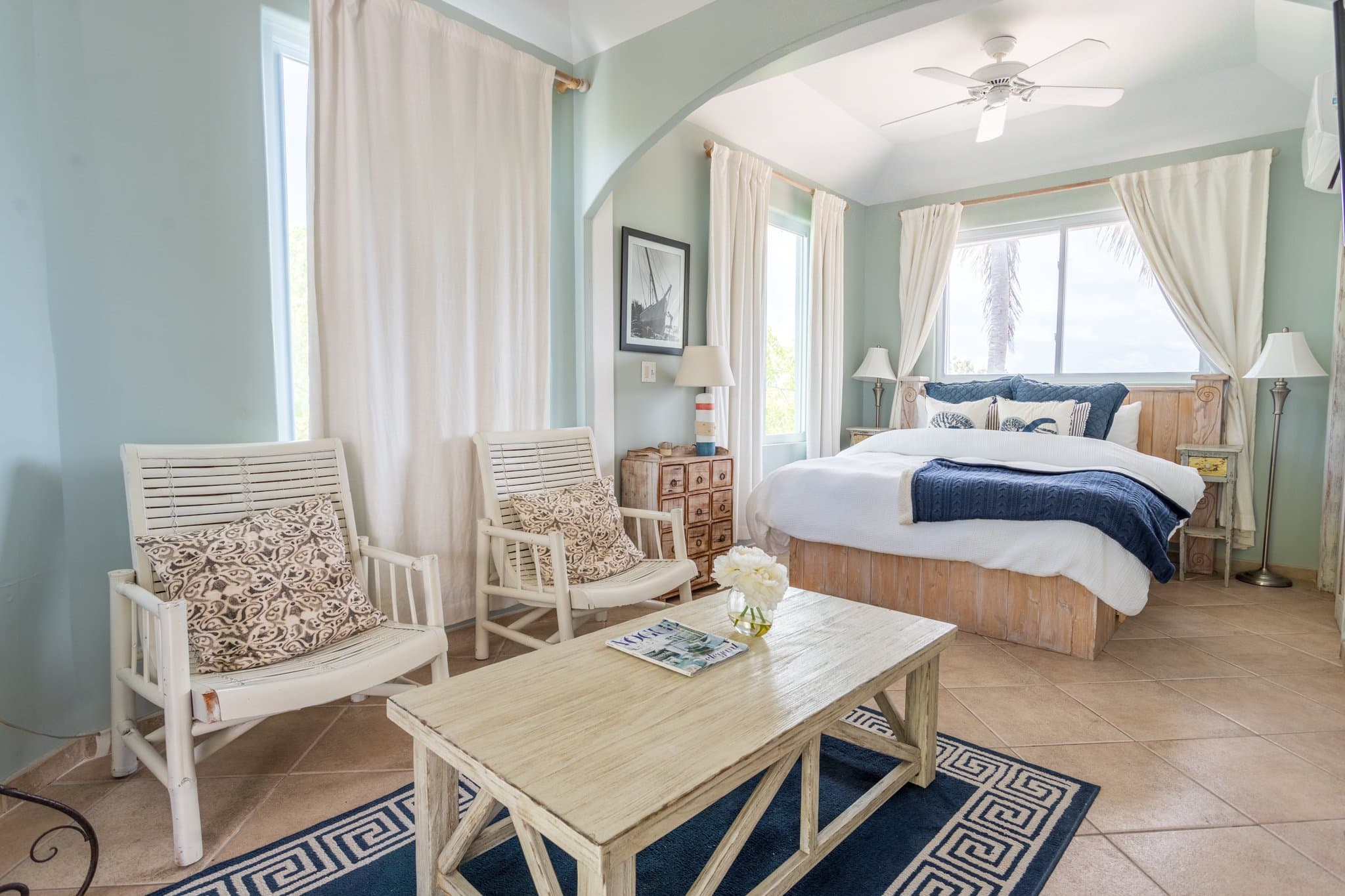 The white sunroom at Sugar Beach Villa looking toward the sea